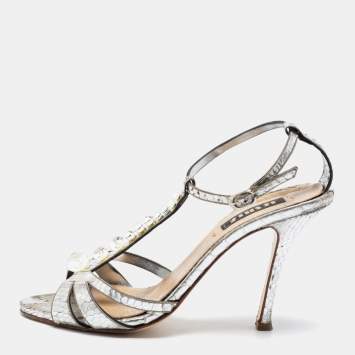 Pre Owned Le Silla Silver Python Embossed Leather T-Strap Platform Sandals Size 37.5 