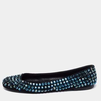 Pre Owned Giuseppe Zanotti Black Suede Crystal Embellished Ballet Flats Size 38