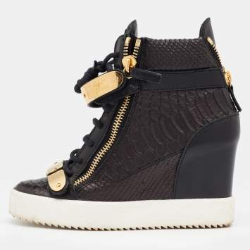 Pre Owned Giuseppe Zanotti Black/Dark Brown Python Embossed Leather Lorenz Wedge Sneakers Size 37