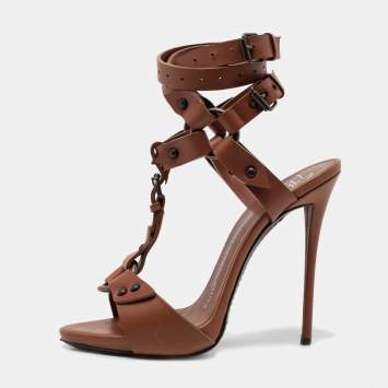 Pre Owned Giuseppe Zanotti Brown Leather T-Strap Ankle Wrap Sandals Size 37