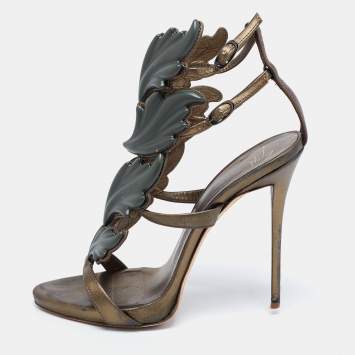Pre Owned Giuseppe Zanotti Olive Green Leather Argent Metal Wing Strappy Sandals Size 38.5