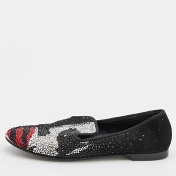 Giuseppe Zanotti Black Suede Crystal Embellished Joker Smoking Slippers Size 37