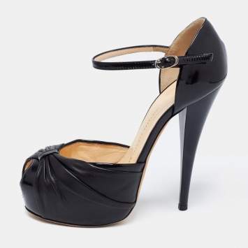 Pre Owned Giuseppe Zanotti Black Patent And Leather Platform Ankle Strap Pumps Size 37.5