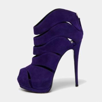 Pre Owned Giuseppe Zanotti Purple Suede Wave Cut Out Peep Toe Platform Booties Size 38