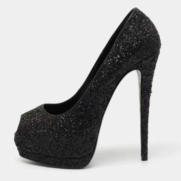 Pre Owned Giuseppe Zanotti Black Coarse Glitter Sharon Peep-Toe Platform Pumps Size 39