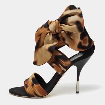 Pre Owned Giuseppe Zanotti Brown/Black Fabric And Leather Bow Ankle Cuff Sandals Size 37