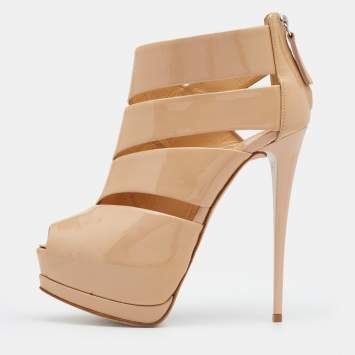 Pre Owned Giuseppe Zanotti Beige Patent Leather Peep Toe Platform Booties Size 36