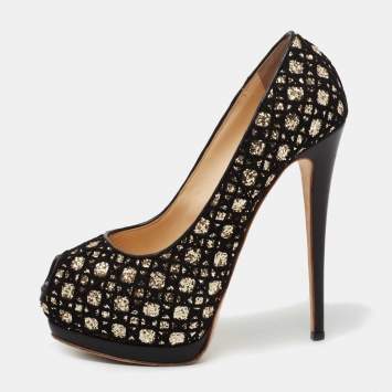 مملوكة مسبقًا Giuseppe Zanotti Black Glitter And Lace Liza Peep Toe Platform Pumps Size 39.5