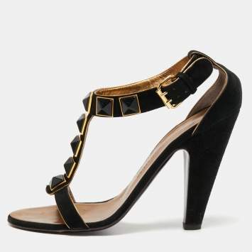 Pre Owned Giuseppe Zanotti Black Suede Studded T-Bar Ankle Strap Sandals Size 39.5