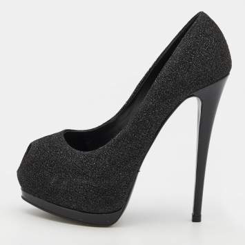 Pre Owned Giuseppe Zanotti Metallic Black Lurex Fabric Sharon Peep Toe Platform Pumps Size 37