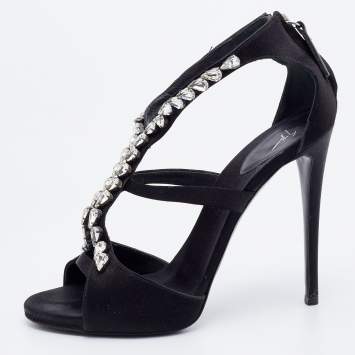 Pre Owned Giuseppe Zanotti Black Satin Crystal Embellished Strappy Sandals Size 37.5