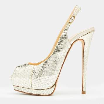 Pre Owned Giuseppe Zanotti Gold Python Embossed Leather Peep Toe Platform Slingback Pumps Size 38