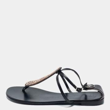 Pre Owned Giuseppe Zanotti Back Leather Crystal Embellished Flat Sandals Size 36