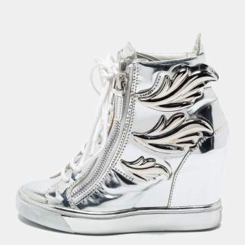 Pre Owned Giuseppe Zanotti Silver Patent Leather Wedge Sneakers Size 35
