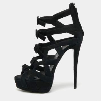 Pre Owned Giuseppe Zanotti Black Suede Buckle Detail Platform Cage Sandals Size 41
