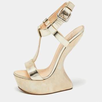Pre Owned Giuseppe Zanotti Metallic Gold Leather Heelless Platform Sandals Size 39