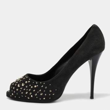 Pre Owned Giuseppe Zanotti Grey Suede Embellished Peep Toe Pumps Size 38.5
