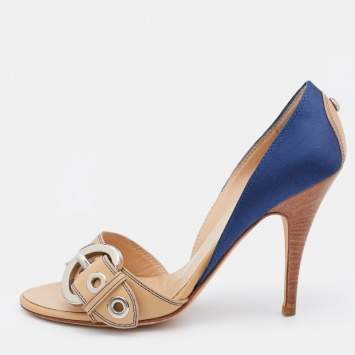 Pre Owned Giuseppe Zanotti Blue/Beige Satin and Leather Buckle Side Sandals Size 37