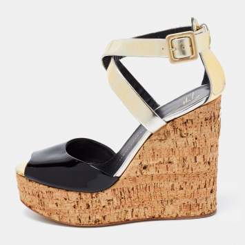 Pre Owned Giuseppe Zanotti Black/Gold Patent Leather Wedge Sandals Size 39