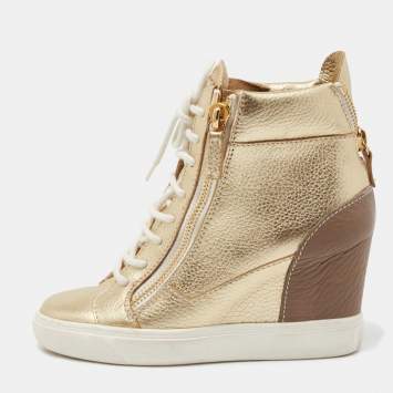 Pre Owned Giuseppe Zanotti Gold Leather High Top Wedge Sneakers Size 37