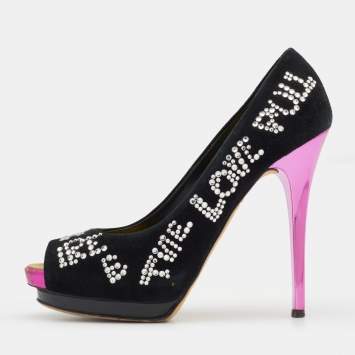 Pre Owned Giuseppe Zanotti Black Suede Crystal Embellished Peep Toe Platform Pumps Size 39.5