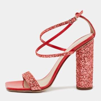 Pre Owned Giuseppe Zanotti Orange Glitter Ankle Strap Sandals Size 37
