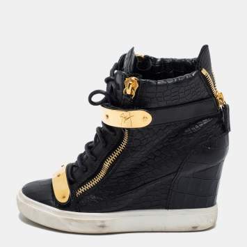Pre Owned Giuseppe Zanotti Black Croc Embossed Leather Lorenz Wedge Sneakers Size 37
