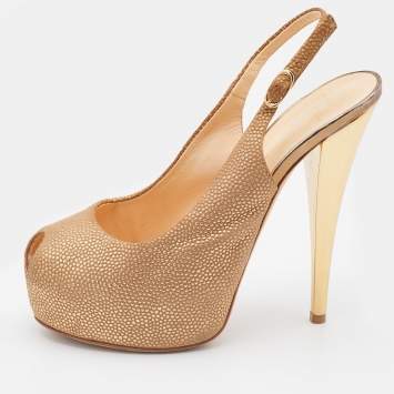 Pre Owned Giuseppe Zanotti Metallic Gold Leather Peep Toe Platform Slingback Pumps Size 37