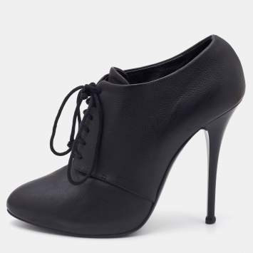 Pre Owned Giuseppe Zanotti Black Leather Lace Up Booties Size 37.5