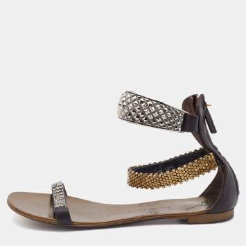 Pre Owned Giuseppe Zanotti Dark Brown Leather Embellished Ankle Strap Flats Size 38