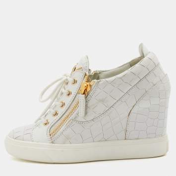Pre Owned Giuseppe Zanotti White Croc Embossed Leather Wedge Sneakers Size 37.5