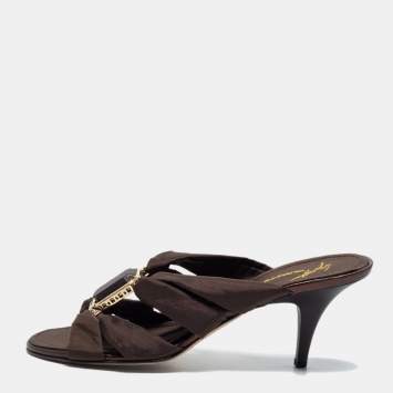 Pre Owned Giuseppe Zanotti Dark Brown Fabric Jewel Embellished Slide Sandals Size 40
