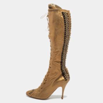 Pre Owned Giuseppe Zanotti Gold Leather Knee Length Boots Size 39.5