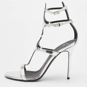 Pre Owned Giuseppe Zanotti Silver Patent Leather Strappy Gladiator Sandals Size 37.5