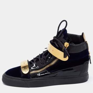 Pre Owned Giuseppe Zanotti Navy Blue/Black Velvet, Patent and Leather Coby High Top Sneakers Size 39