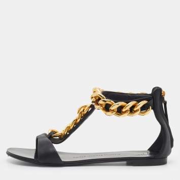 Pre Owned Giuseppe Zanotti Black Leather Chain Link Flat Sandals Size 37
