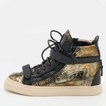 Pre Owned Giuseppe Zanotti Gold/Black Python Embossed Leather Coby High Top Sneakers Size 37