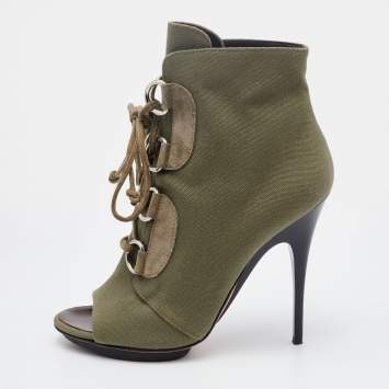 Pre Owned Giuseppe Zanotti Olive Green Canvas and Suede Lace Up Booties Size 37