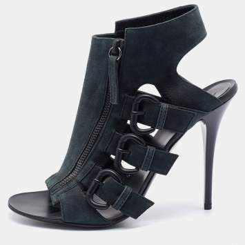 Pre Owned Giuseppe Zanotti Dark Green Nubuck Leather Buckle Detail Caged Sandals Size 37