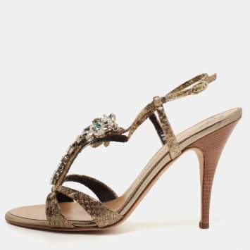 Pre Owned Giuseppe Zanotti Gold Textured Suede Crystal Embellished Ankle Strap Sandals Size 39