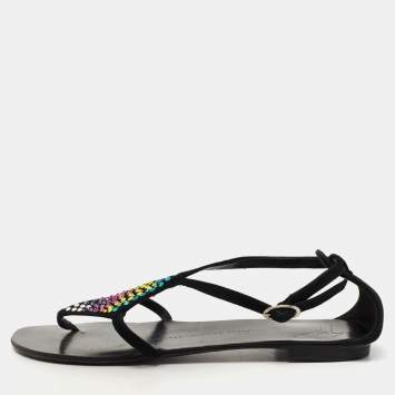 Pre Owned Giuseppe Zanotti Black Suede Crystal Embellished Thong Flat Sandals Size 36