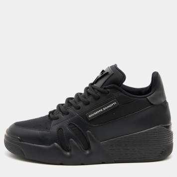 Pre Owned Giuseppe Zanotti Black Leather and Fabric Talon Low Top Wedge Sneakers Size 38