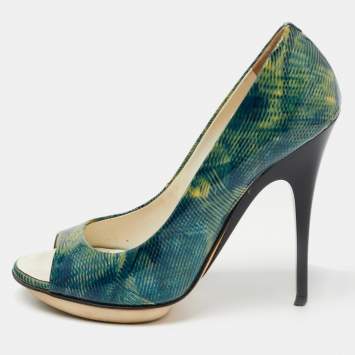 Pre Owned Giuseppe Zanotti Green Printed Patent Leather Peep Toe Pumps Size 36