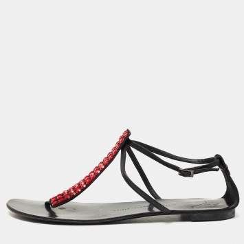 Pre Owned Giuseppe Zanotti Black Suede and Leather Crystal Embellished T-Strap Flat Sandals Size 40