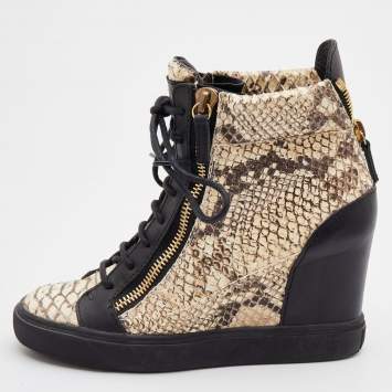 Pre Owned Giuseppe Zanotti Beige/Black Python Embossed Leather Coby High Top Sneakers Size 39