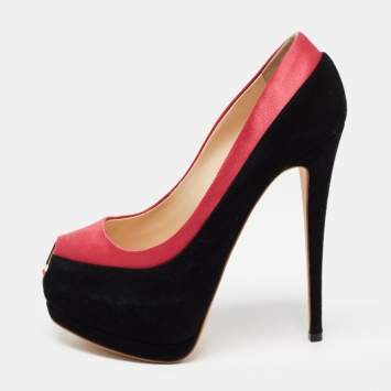 Pre Owned Giuseppe Zanotti Black/Pink Suede and Satin Peep Toe Platform Pumps Size 37