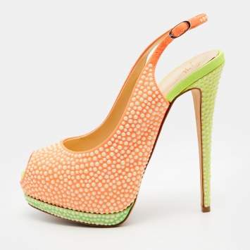 Pre Owned Giuseppe Zanotti Orange Suede Crystal Embellished Peep Toe Platform Slingback Pumps Size 39