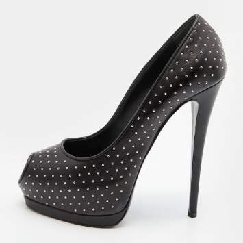 Pre Owned Giuseppe Zanotti Black Leather Studded Peep Toe Platform Pumps Size 39