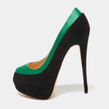 Pre Owned Giuseppe Zanotti Black/Green Suede and Satin Peep Toe Platform Pumps Size 37