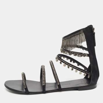 Pre Owned Giuseppe Zanotti Black Satin Chain Embellished Flat Sandals Size 41